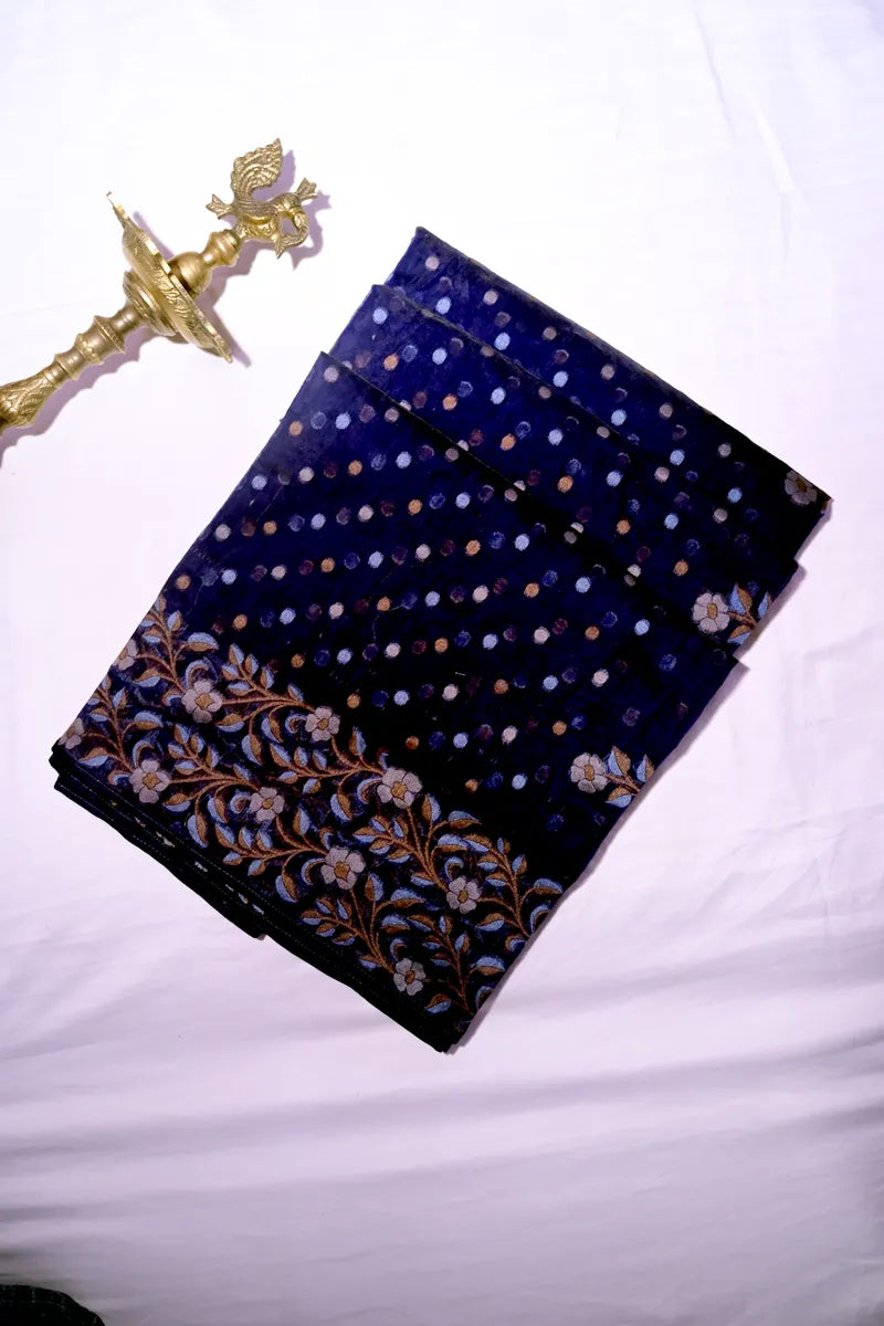 Deep Indigo Handloom Cotton Saree featuring Intricate Floral Embroidery Border(RLSS-255)