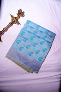 Sky Blue Pure Cotton Saree with Teal Floral Motifs & Zari Grid Weave (RLSS-251)