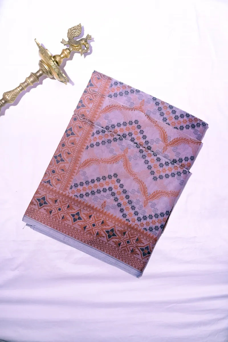Soft Lavender Pure Cotton Saree with Traditional Geometric Motif Border(RLSS-249)
