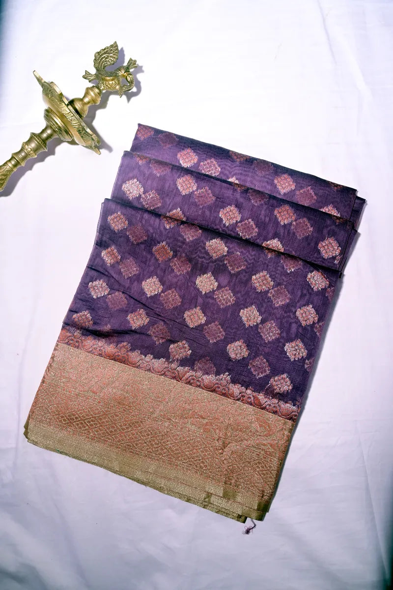 Deep Violet Soft Cotton Saree with Antique Copper Zari Diamond Motifs(RLSS-248)