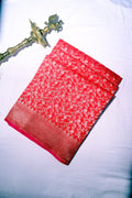 Crimson Red Handwoven Cotton Saree with All-Over Silver-Gold Floral Jaal(RLSS-247)