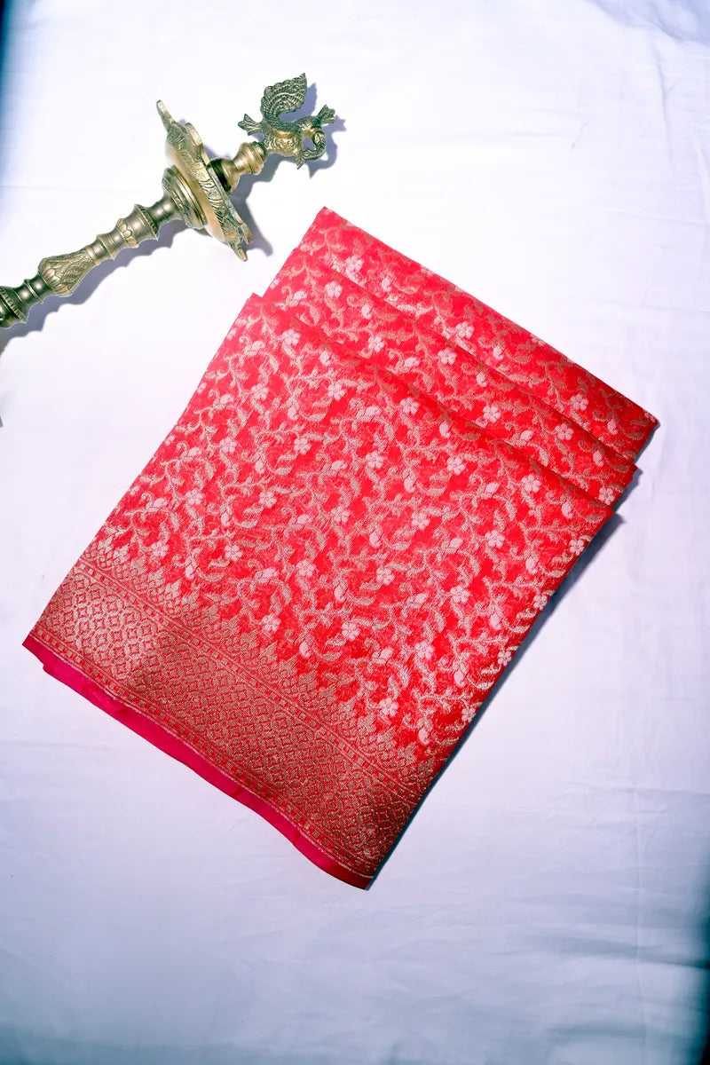 Crimson Red Handwoven Cotton Saree with All-Over Silver-Gold Floral Jaal(RLSS-247)