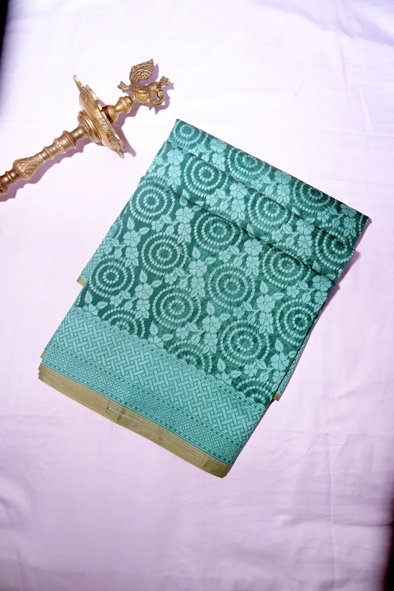 Sea Green Handloom Cotton Saree with Circular Floral Jaal & Lattice Border(RLSS-246)