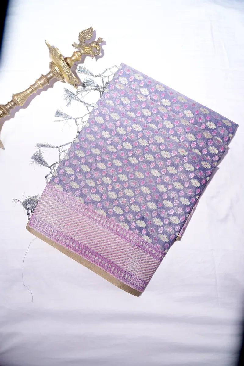 Pastel Lavender Linen-Cotton Saree with Zari Border & Tassels(RLSS-244)