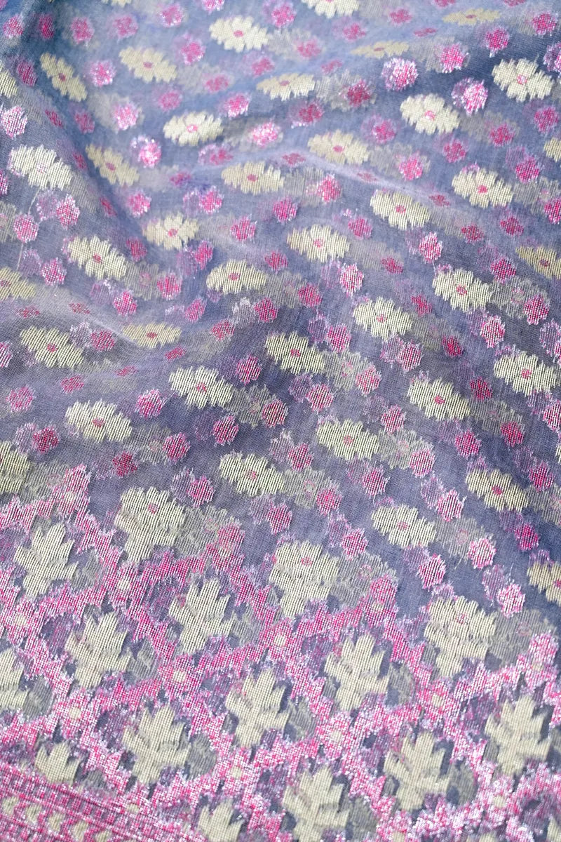 Pastel Lavender Linen-Cotton Saree with Zari Border & Tassels(RLSS-244)