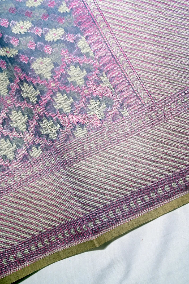Pastel Lavender Linen-Cotton Saree with Zari Border & Tassels(RLSS-244)