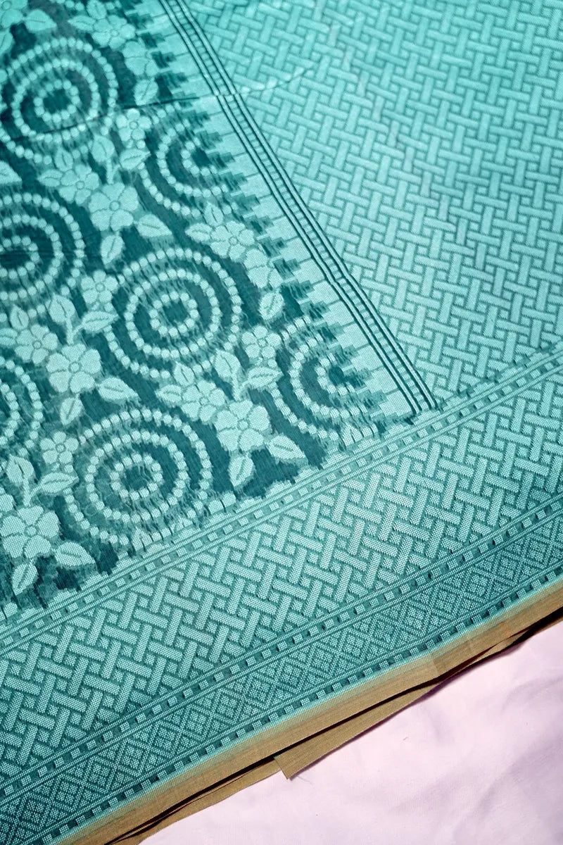 Sea Green Handloom Cotton Saree with Circular Floral Jaal & Lattice Border(RLSS-246)