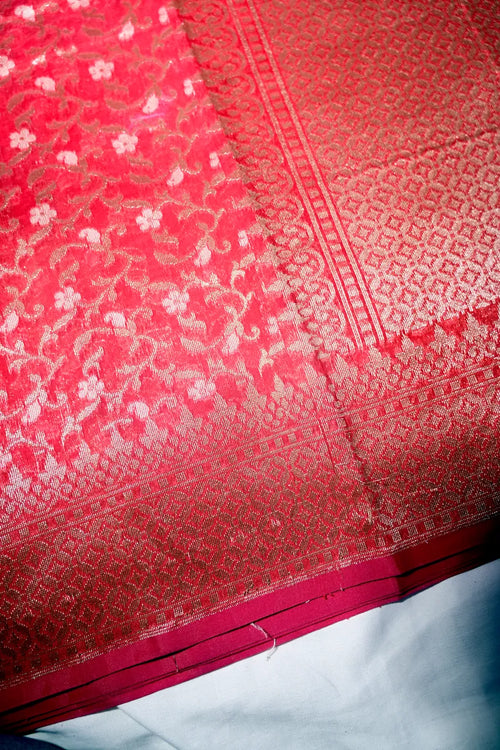 Crimson Red Handwoven Cotton Saree with All-Over Silver-Gold Floral Jaal(RLSS-247)