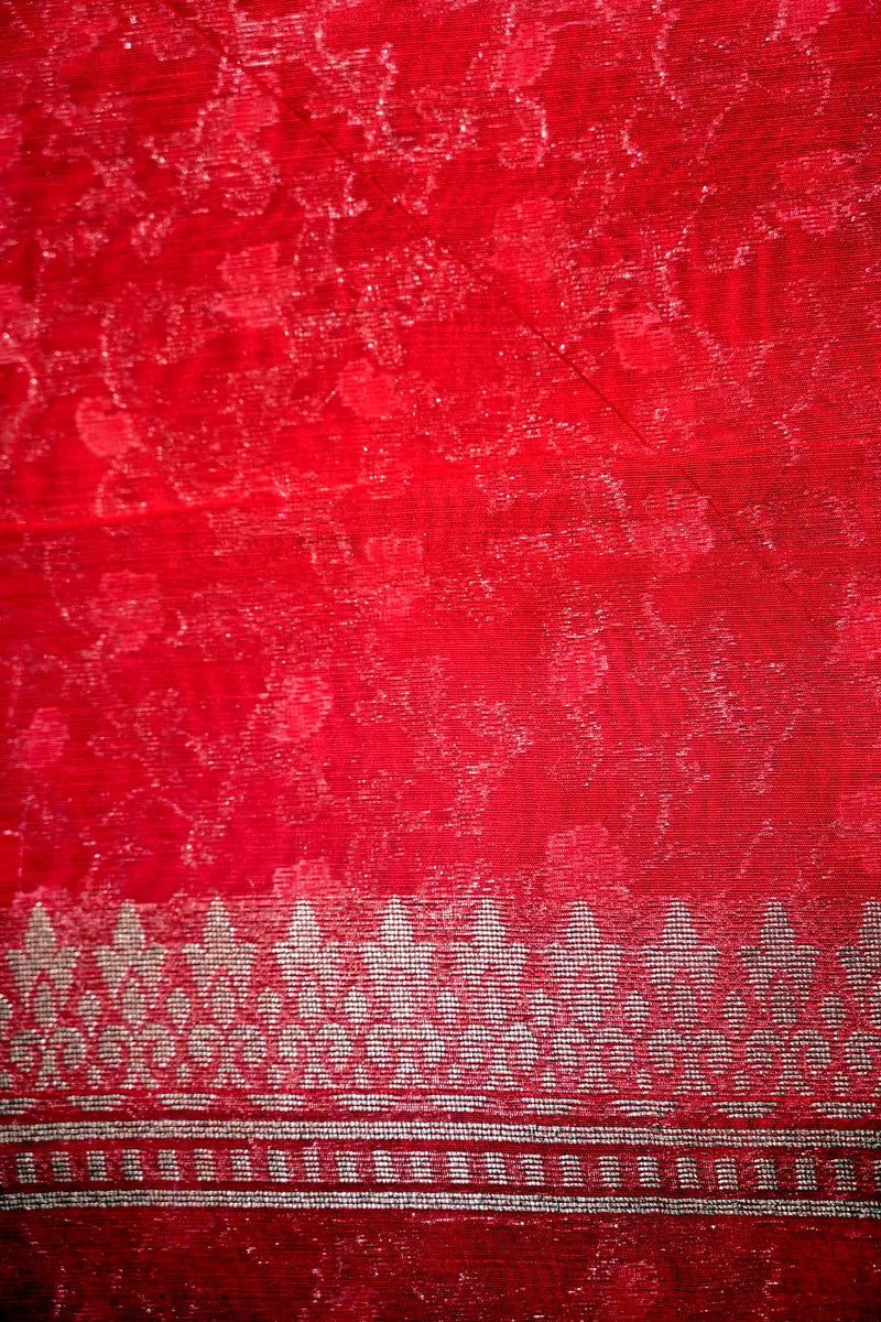 Crimson Red Handwoven Cotton Saree with All-Over Silver-Gold Floral Jaal(RLSS-247)