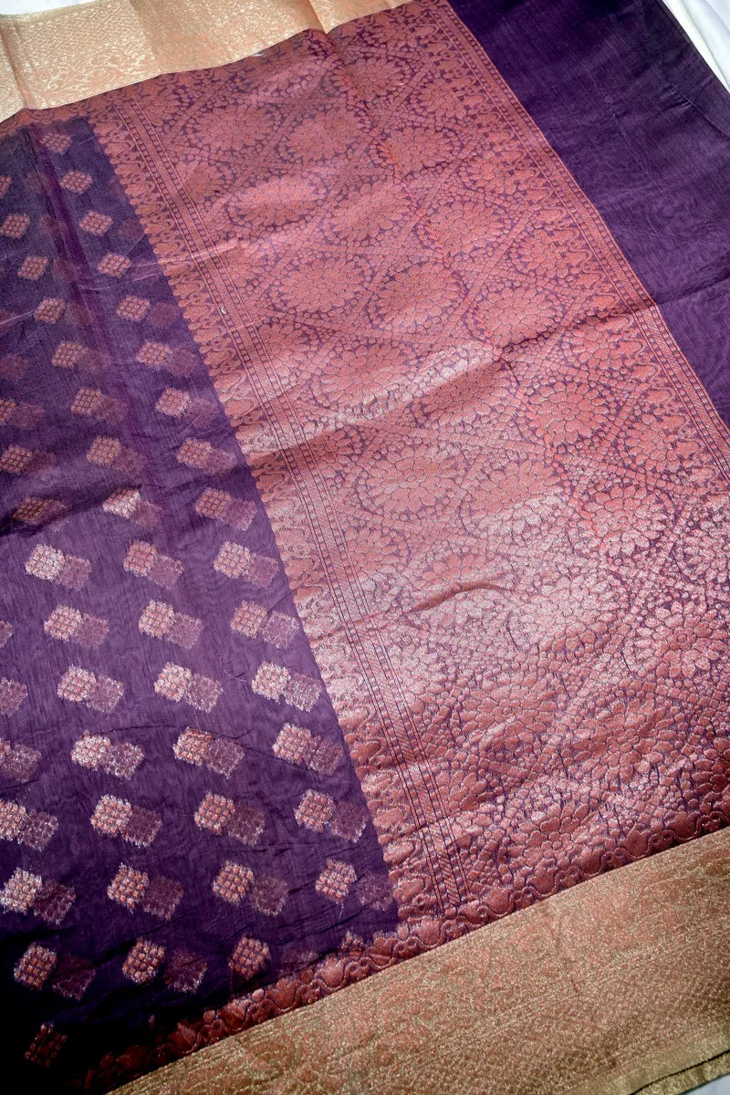 Deep Violet Soft Cotton Saree with Antique Copper Zari Diamond Motifs(RLSS-248)