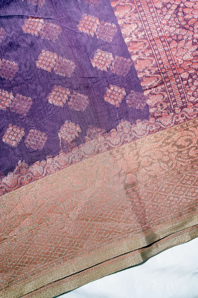 Deep Violet Soft Cotton Saree with Antique Copper Zari Diamond Motifs(RLSS-248)