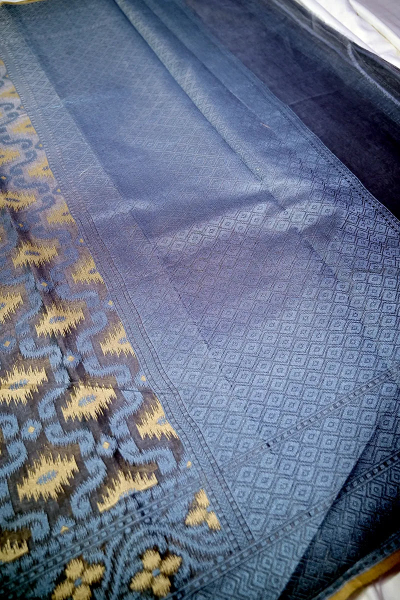 Royal Slate Blue Handloom Cotton Saree with Intricate Geometric Border(RLSS-250)