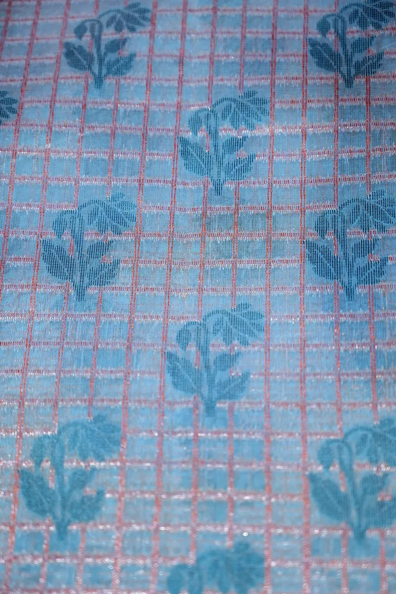 Sky Blue Pure Cotton Saree with Teal Floral Motifs & Zari Grid Weave (RLSS-251)