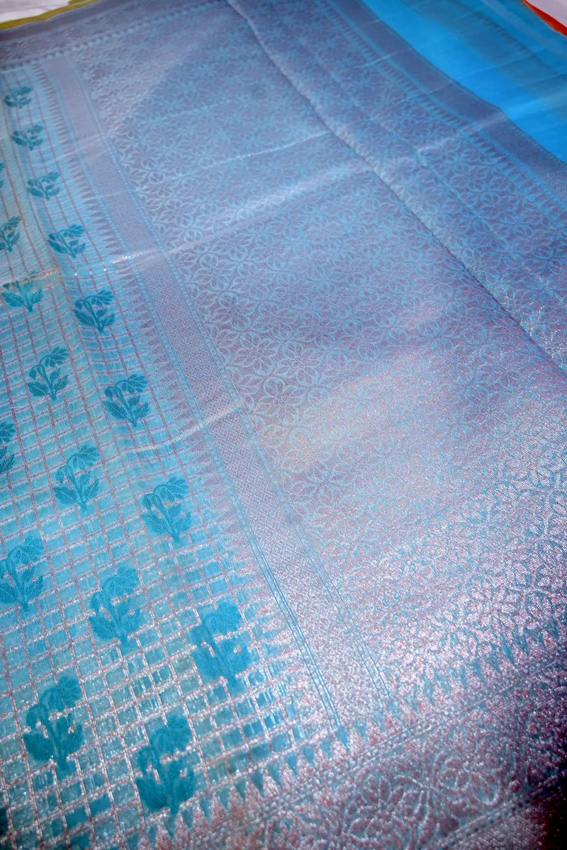 Sky Blue Pure Cotton Saree with Teal Floral Motifs & Zari Grid Weave (RLSS-251)