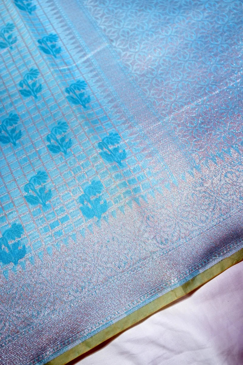 Sky Blue Pure Cotton Saree with Teal Floral Motifs & Zari Grid Weave (RLSS-251)