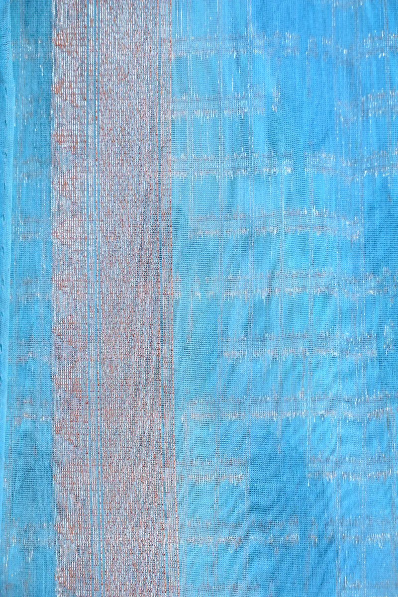 Sky Blue Pure Cotton Saree with Teal Floral Motifs & Zari Grid Weave (RLSS-251)