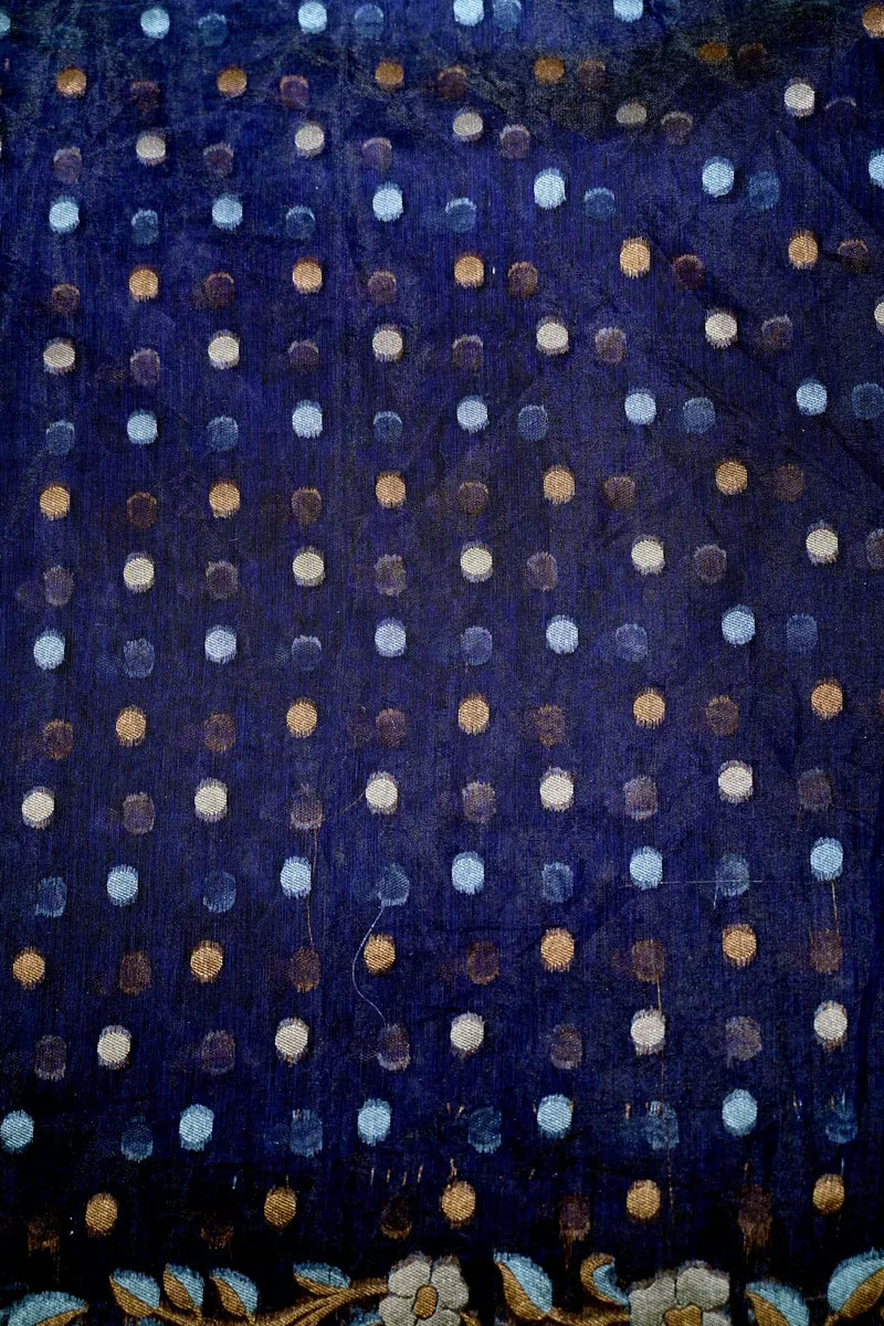 Deep Indigo Handloom Cotton Saree featuring Intricate Floral Embroidery Border(RLSS-255)