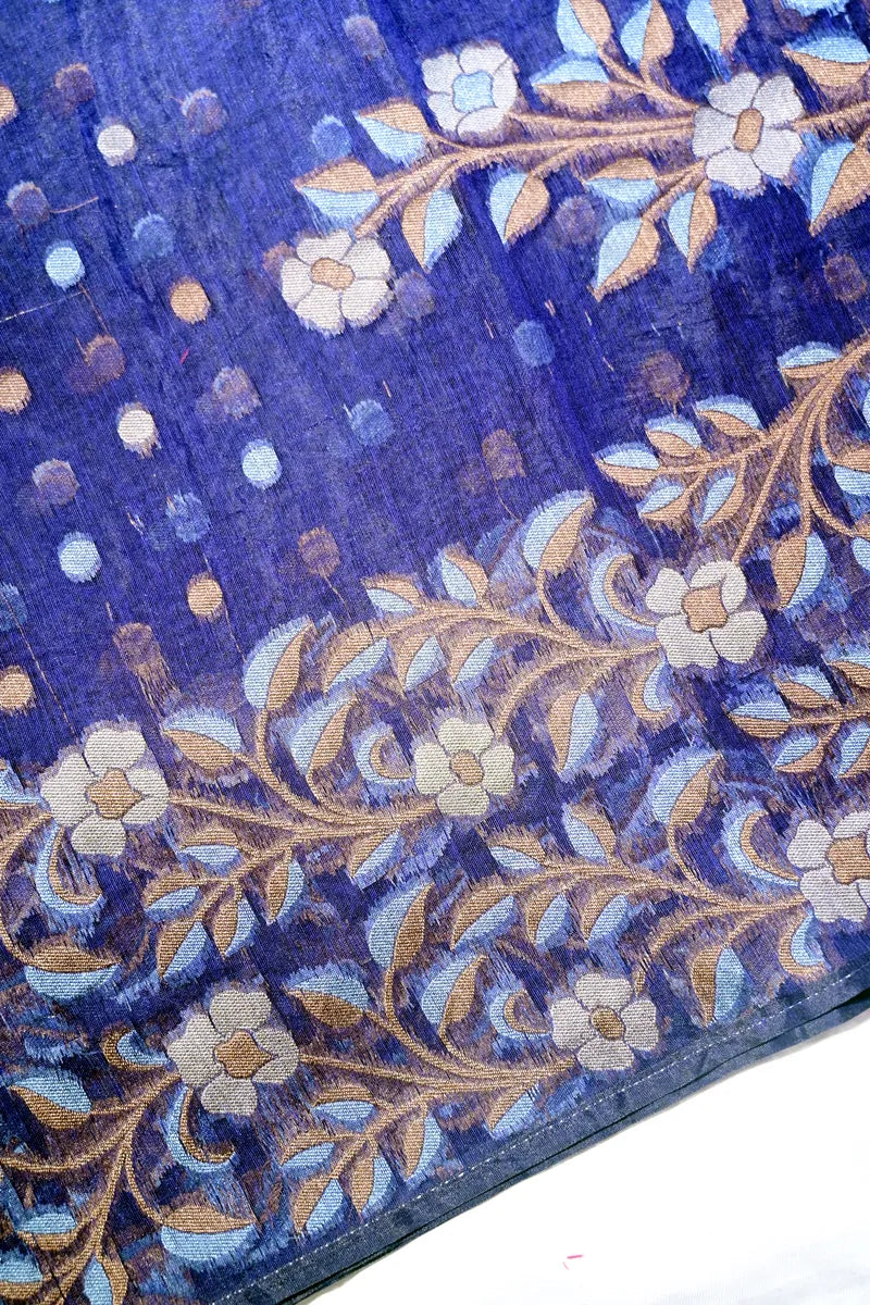 Deep Indigo Handloom Cotton Saree featuring Intricate Floral Embroidery Border(RLSS-255)