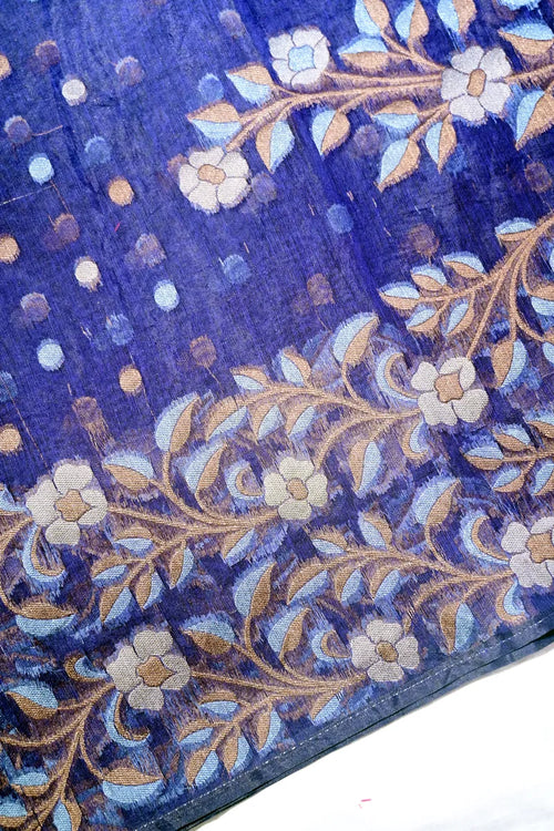 Deep Indigo Handloom Cotton Saree featuring Intricate Floral Embroidery Border(RLSS-255)