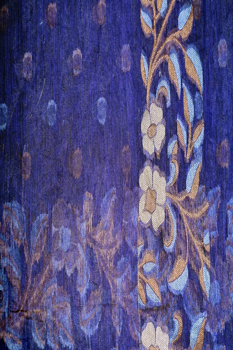 Deep Indigo Handloom Cotton Saree featuring Intricate Floral Embroidery Border(RLSS-255)