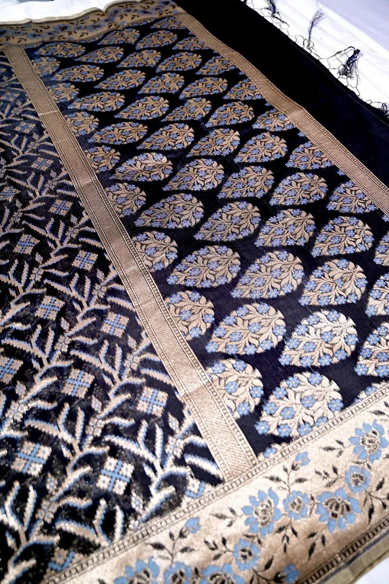 Midnight Navy Pure Cotton Saree with All-Over Geometric Leaf Jaal & Floral Border(RLSS-256)