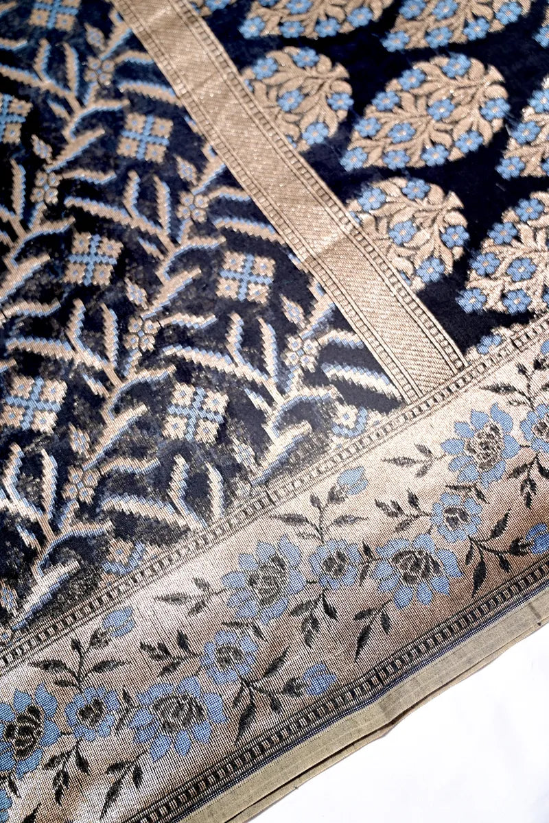 Midnight Navy Pure Cotton Saree with All-Over Geometric Leaf Jaal & Floral Border(RLSS-256)