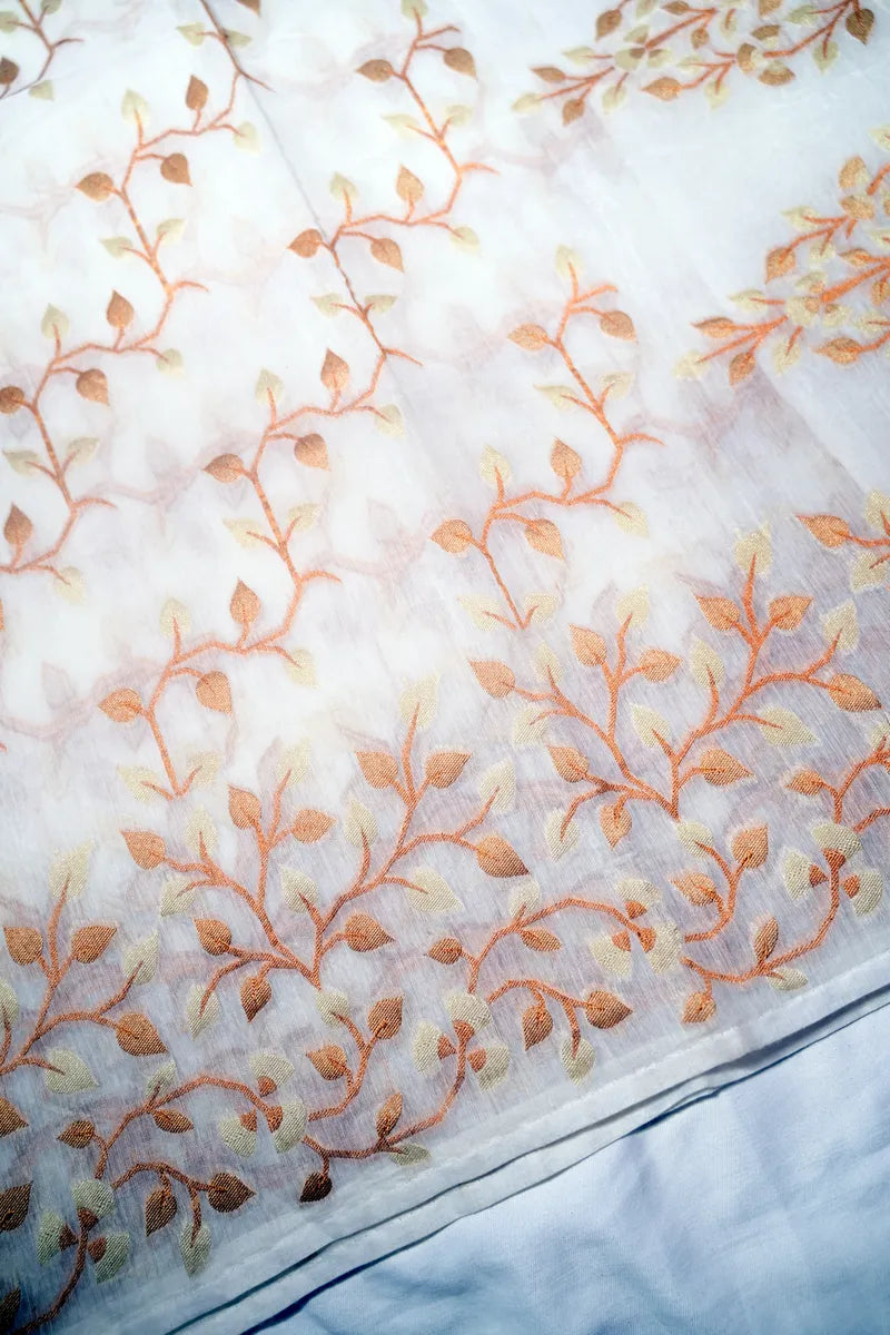 Ivory Handloom Cotton Saree featuring All-Over Autumn Leaf Jaal Design(RLSS-257)