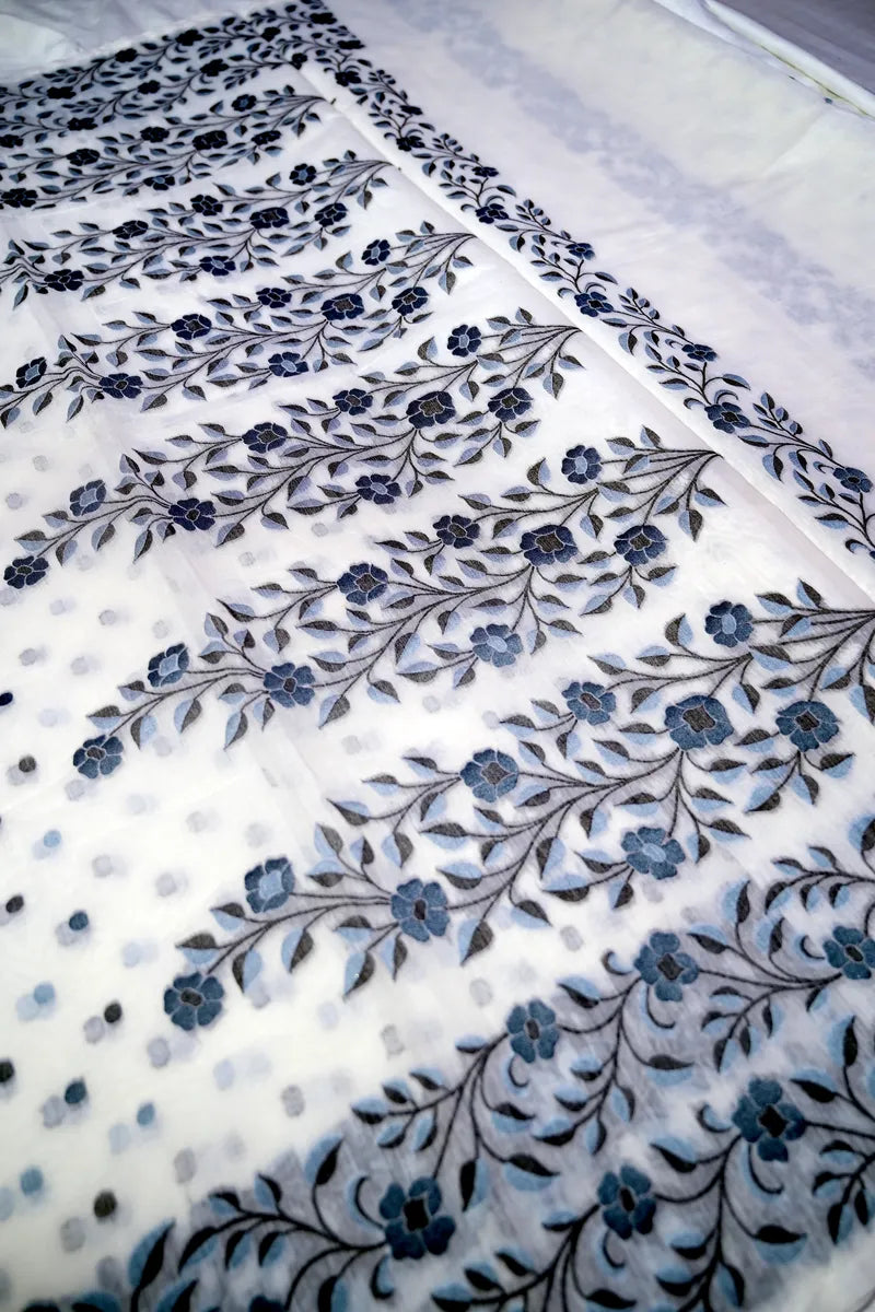 Off-White Handloom Cotton Saree featuring Polka Dot Butis & Charcoal Floral Border(RLSS-258)