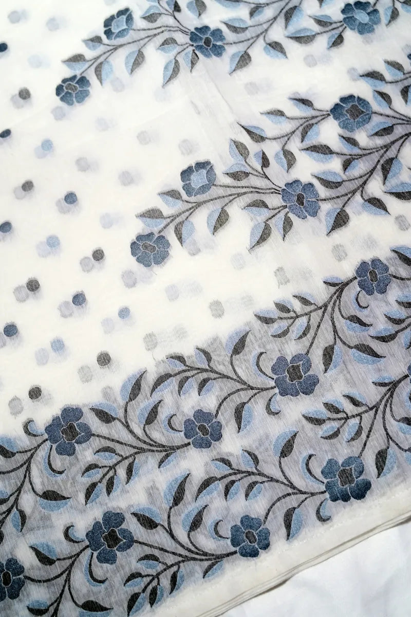 Off-White Handloom Cotton Saree featuring Polka Dot Butis & Charcoal Floral Border(RLSS-258)