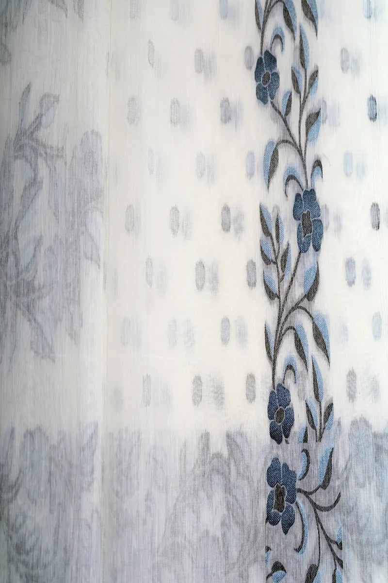 Off-White Handloom Cotton Saree featuring Polka Dot Butis & Charcoal Floral Border(RLSS-258)