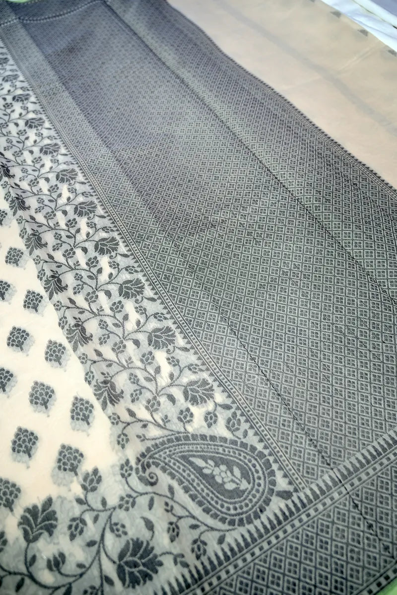 Pristine Ivory Pure Cotton Saree with Charcoal Grey Floral Leaf Motifs & Temple Border(RLSS-259)