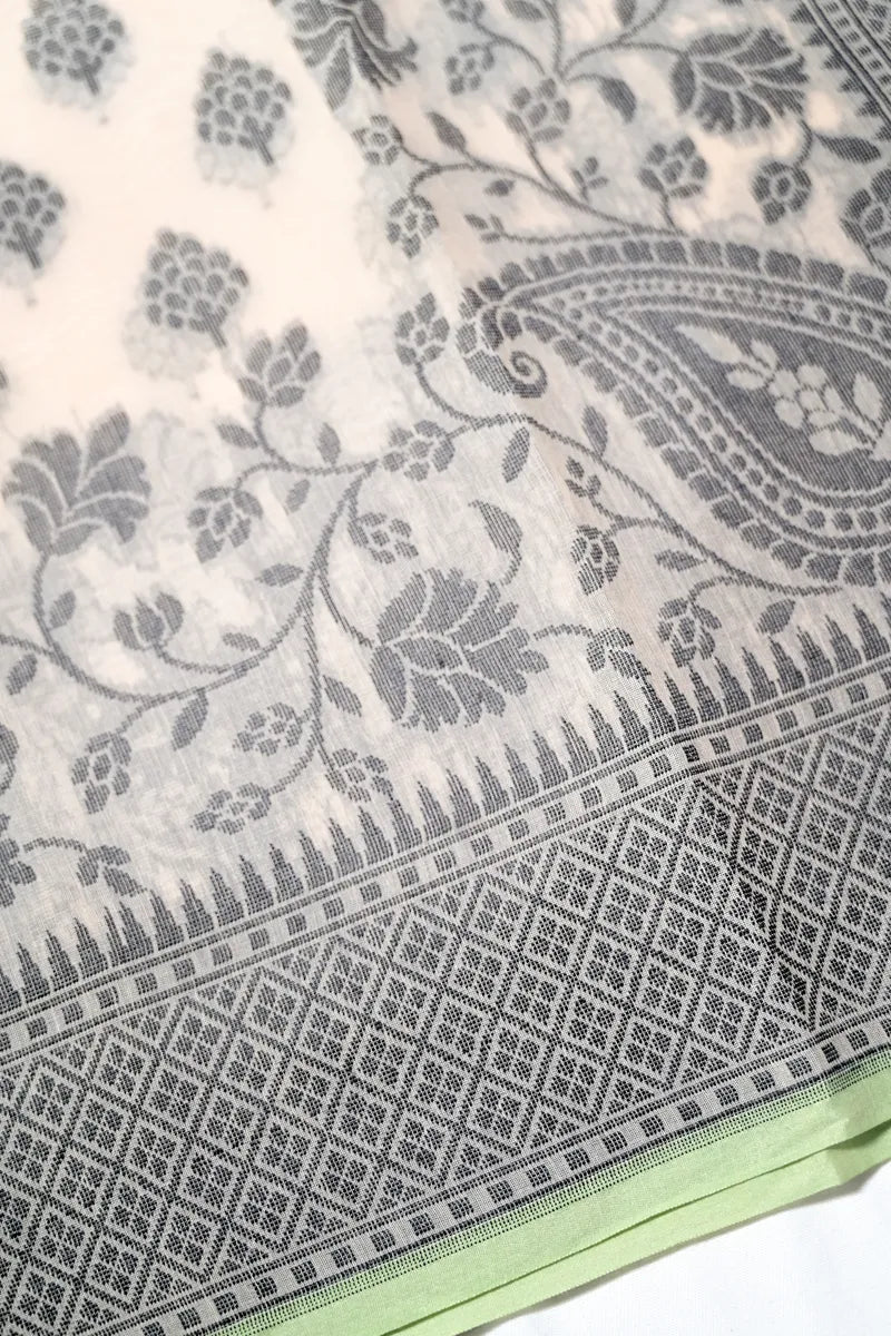 Pristine Ivory Pure Cotton Saree with Charcoal Grey Floral Leaf Motifs & Temple Border(RLSS-259)