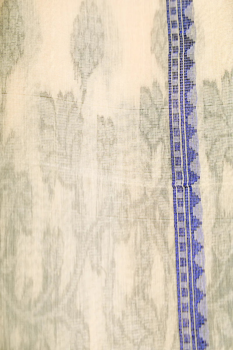 Pristine Ivory Pure Cotton Saree with Charcoal Grey Floral Leaf Motifs & Temple Border(RLSS-259)