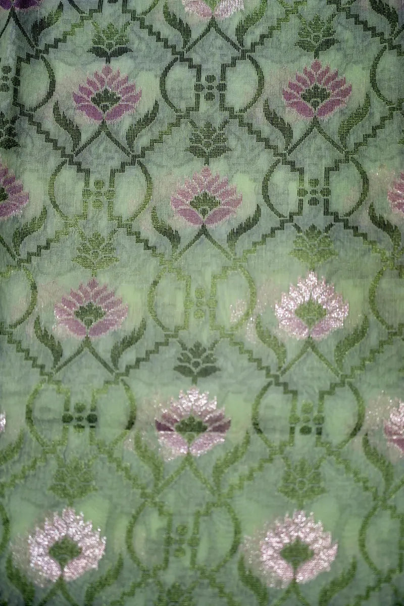 Mint Green Pure Cotton Saree with Blush Pink Floral Jaal & Detailed Zari Border(RLSS-260)