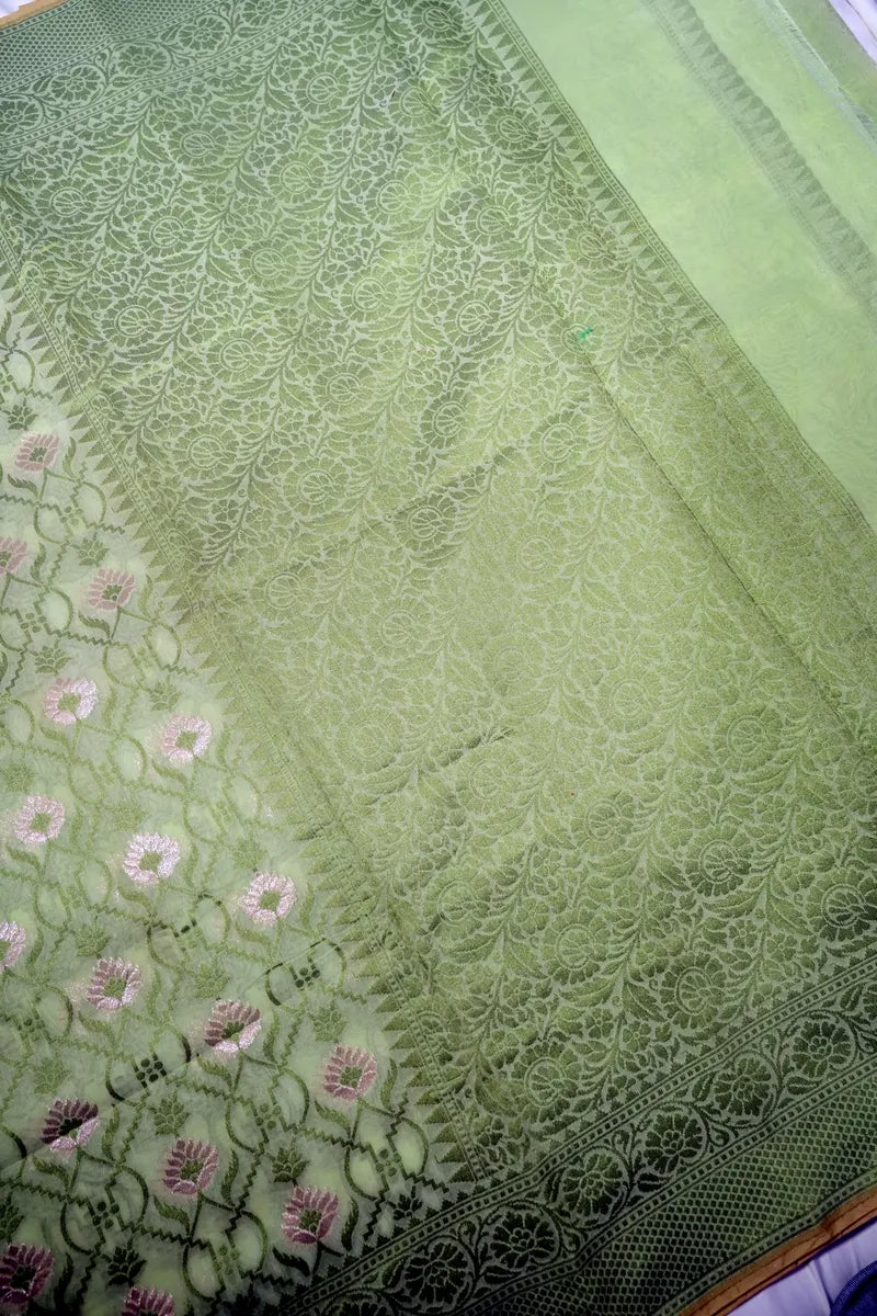 Mint Green Pure Cotton Saree with Blush Pink Floral Jaal & Detailed Zari Border(RLSS-260)