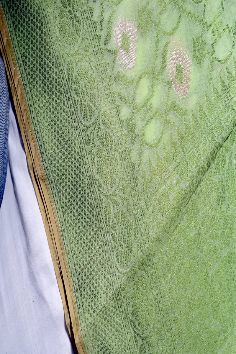 Mint Green Pure Cotton Saree with Blush Pink Floral Jaal & Detailed Zari Border(RLSS-260)