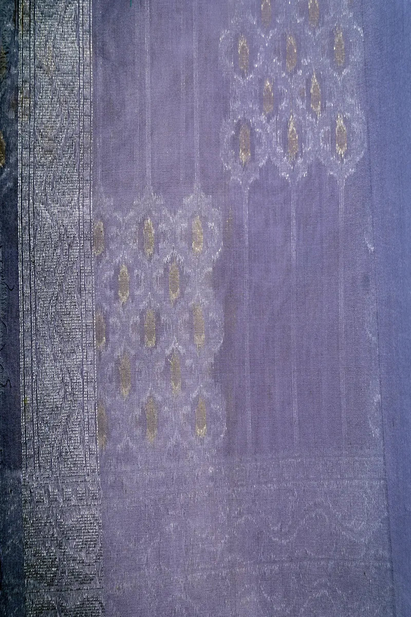 Light Violet Handloom Cotton Saree featuring Vertical Stripe Weave & Rich Zari Border(RLSS-261)