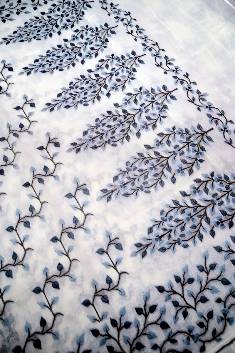 Off-White Handloom Cotton Saree featuring Mint & Sage Green Floral Embroidery Border(RLSS-252)