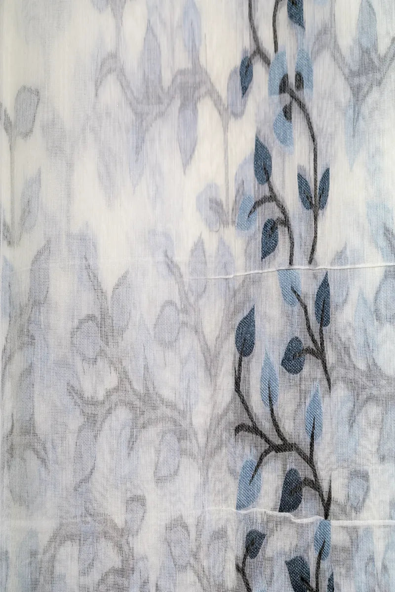 Off-White Handloom Cotton Saree featuring Mint & Sage Green Floral Embroidery Border(RLSS-252)