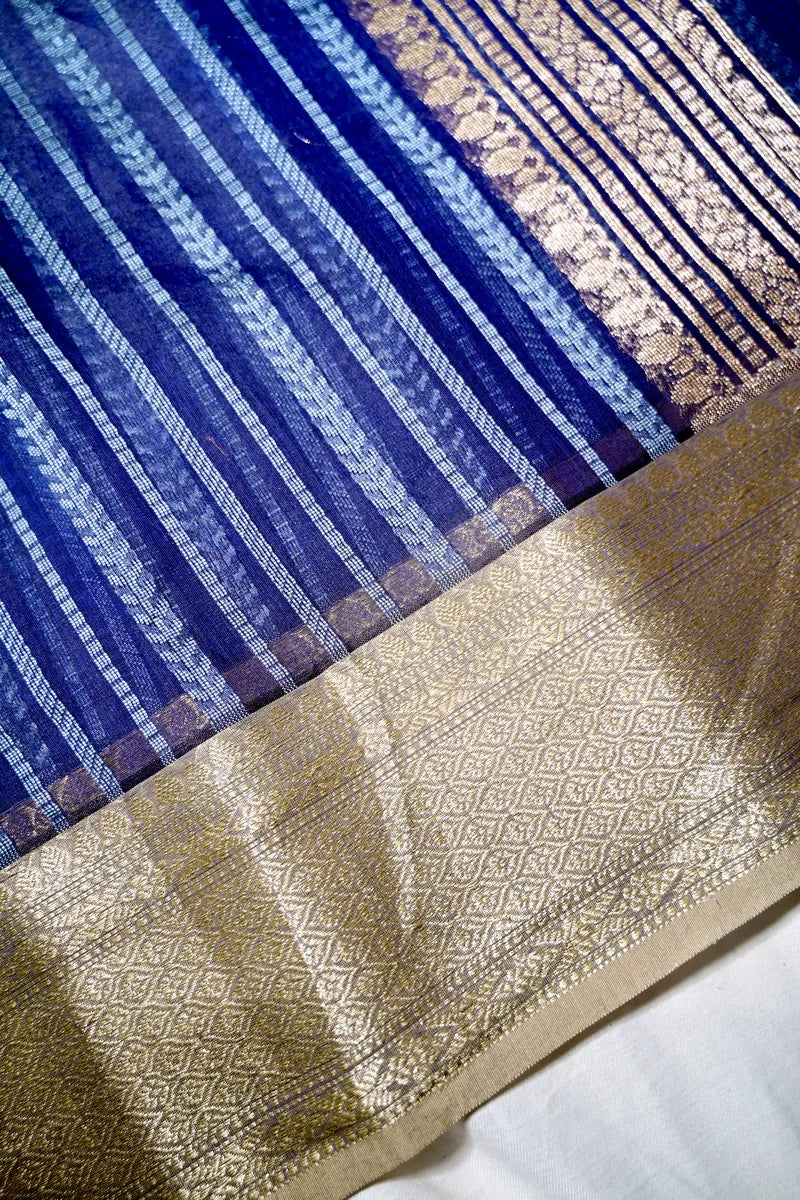 Deep Indigo Handloom Cotton Saree featuring Intricate Floral Brocade & Zari Border(RLSS-254)