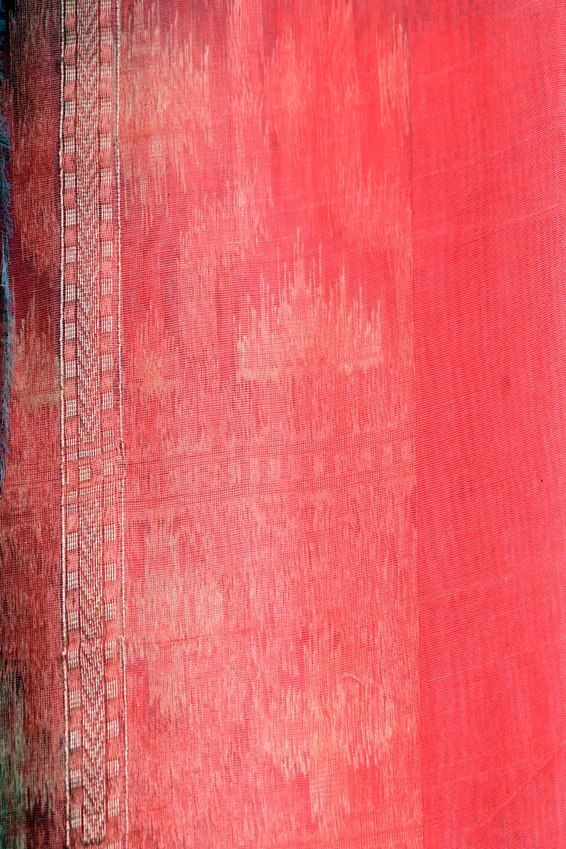 Strawberry Pink Handloom Cotton Saree featuring Geometric Diamond Weave & Floral Border(RLSS-263)