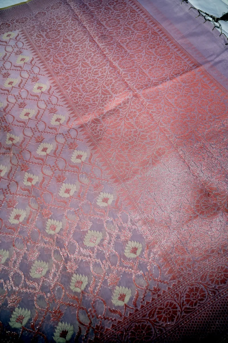 Baby Pink & Lavender Sheer Cotton Saree with Traditional Zari Border (RLSS-267)