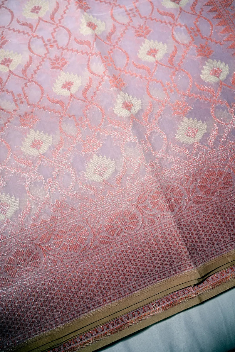 Baby Pink & Lavender Sheer Cotton Saree with Traditional Zari Border (RLSS-267)
