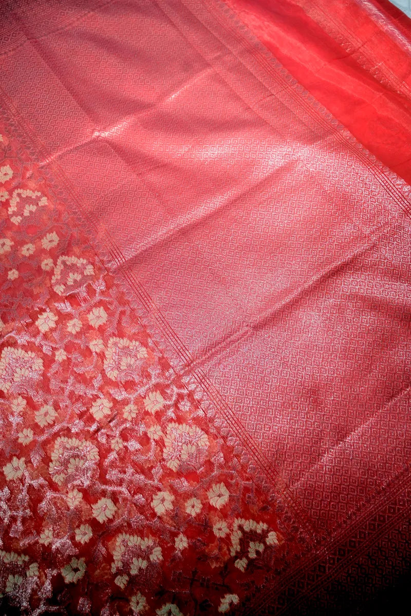 Coral Red Banarasi Cotton Saree with All-Over Floral Jaal & Zari Border(RLSS-266)