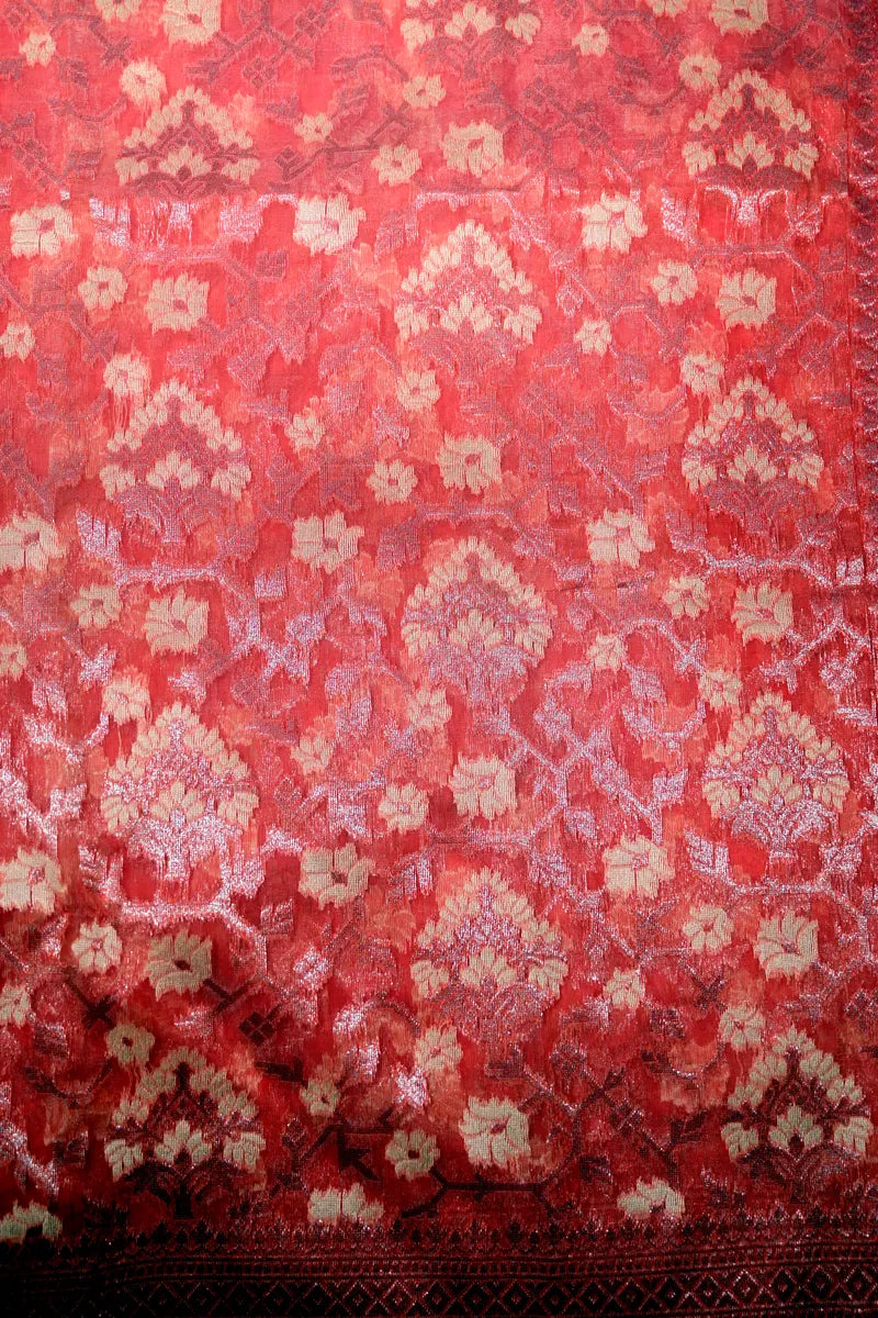 Coral Red Banarasi Cotton Saree with All-Over Floral Jaal & Zari Border(RLSS-266)