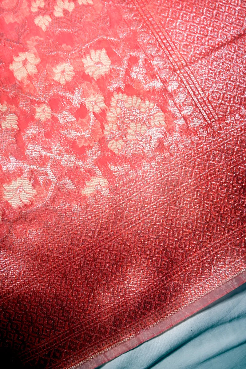 Coral Red Banarasi Cotton Saree with All-Over Floral Jaal & Zari Border(RLSS-266)