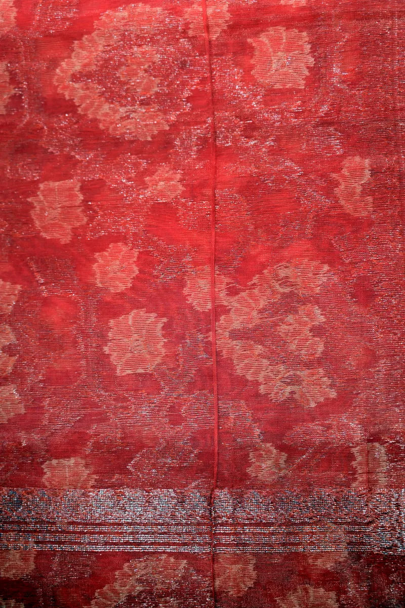 Coral Red Banarasi Cotton Saree with All-Over Floral Jaal & Zari Border(RLSS-266)