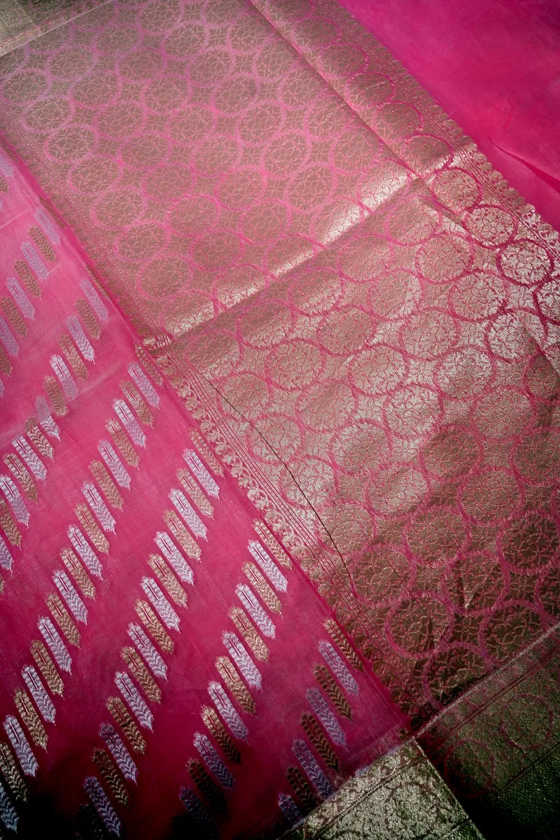 Rani Pink Handwoven Banarasi Cotton Saree with Antique Zari Border(RLSS-265)