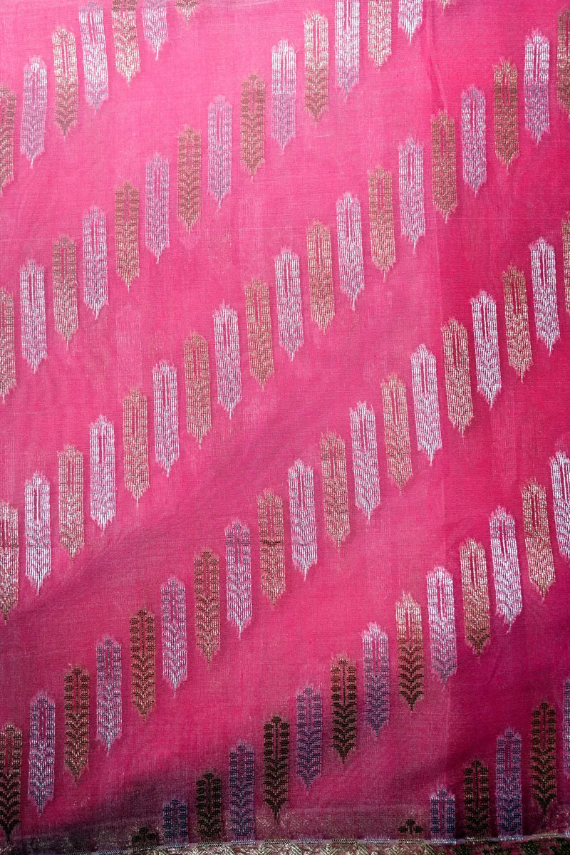 Rani Pink Handwoven Banarasi Cotton Saree with Antique Zari Border(RLSS-265)