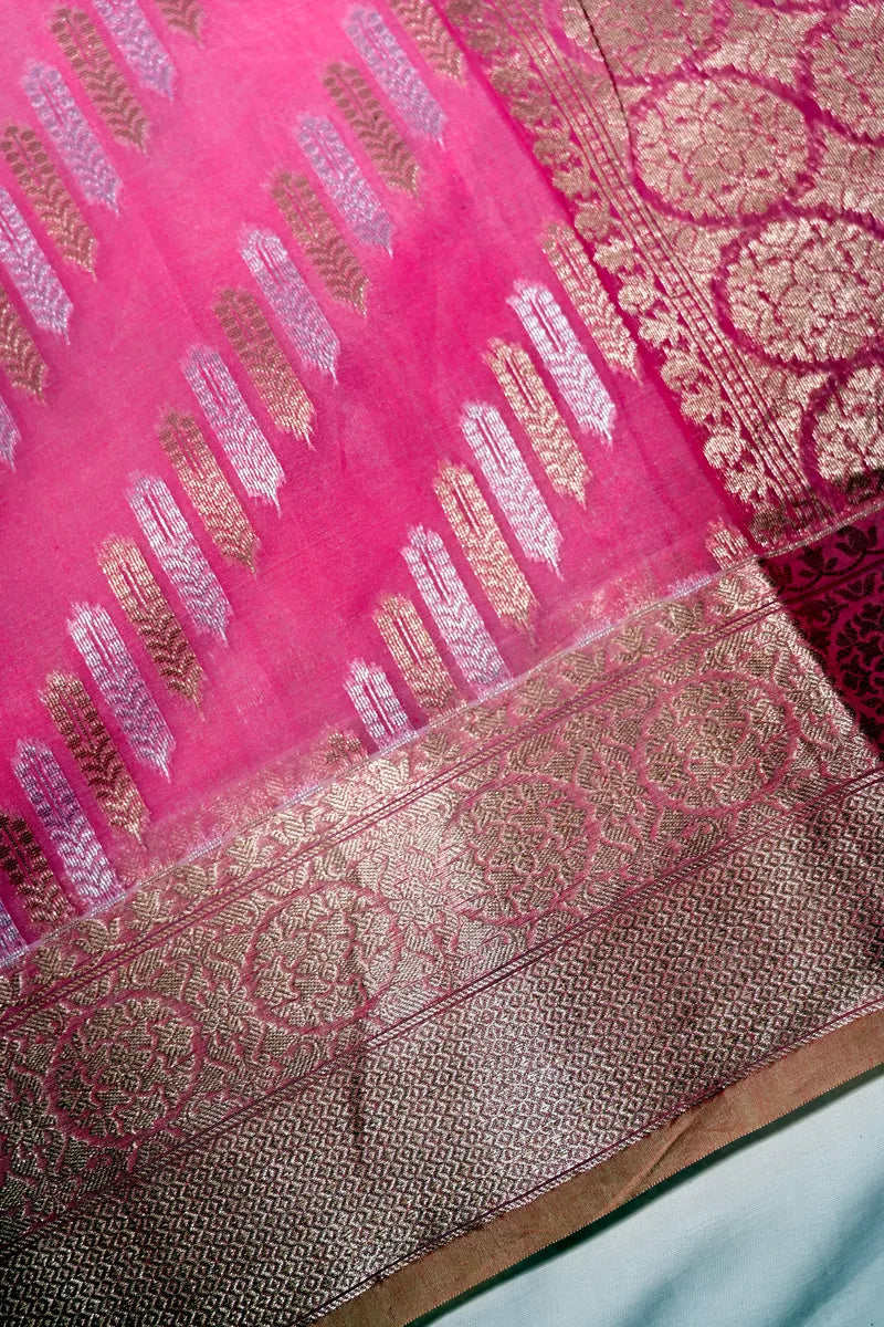 Rani Pink Handwoven Banarasi Cotton Saree with Antique Zari Border(RLSS-265)